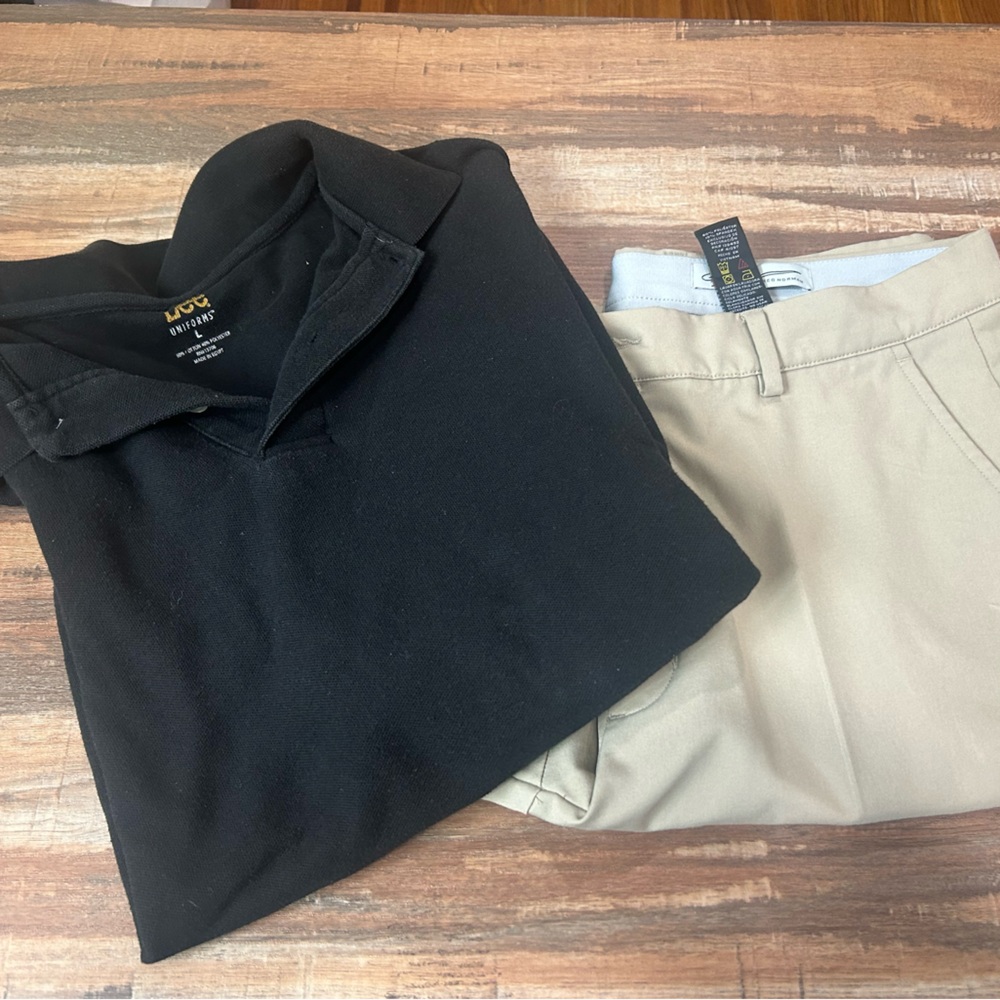 Men's Beige Pants and black polo